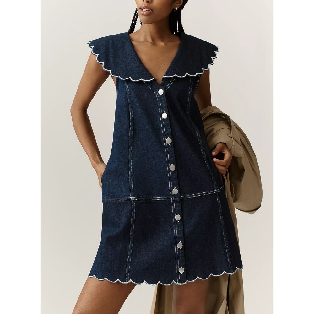 Anthropologie Pilcro Scalloped Denim Buttondown Dress Sleeveless Navy MP 288613 - Picture 1 of 10